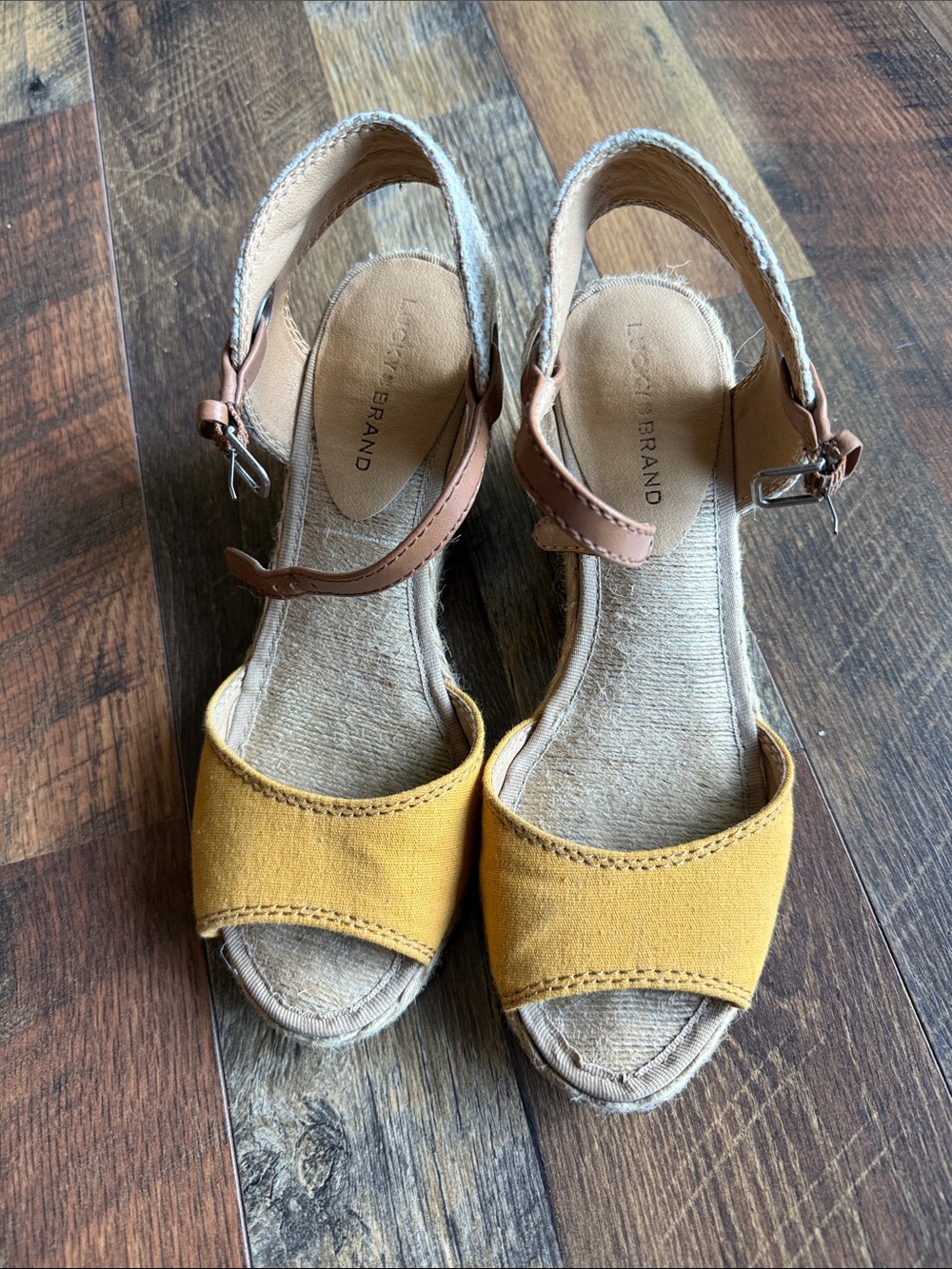 Lucky Brand Mustard Yellow Canvas Espadrille Wedge Sandals